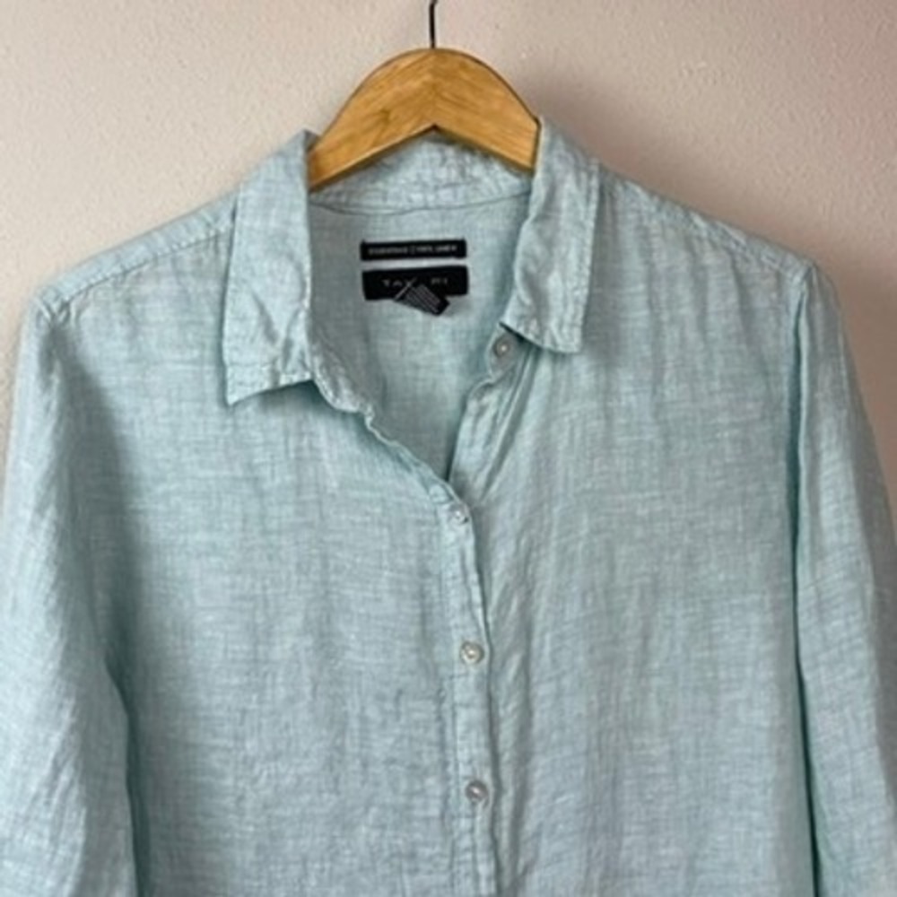 Tahari Essentials Linen Button Down Shirt Womens XL Blue Long Roll Tab Sleeve - Picture 2 of 6